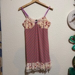 Bisou Bissau Intimates Slip Dress Floral Stripes Ruffle M fairy whimsigoth Y2K